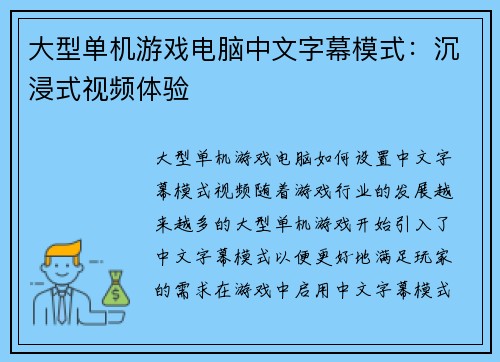 大型单机游戏电脑中文字幕模式：沉浸式视频体验