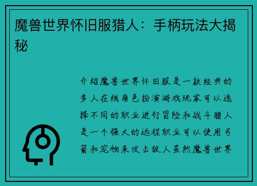 魔兽世界怀旧服猎人：手柄玩法大揭秘